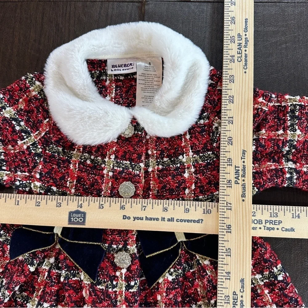 Blueberi Boulevard Red Plaid Dress Coat with Bows Sz 5
